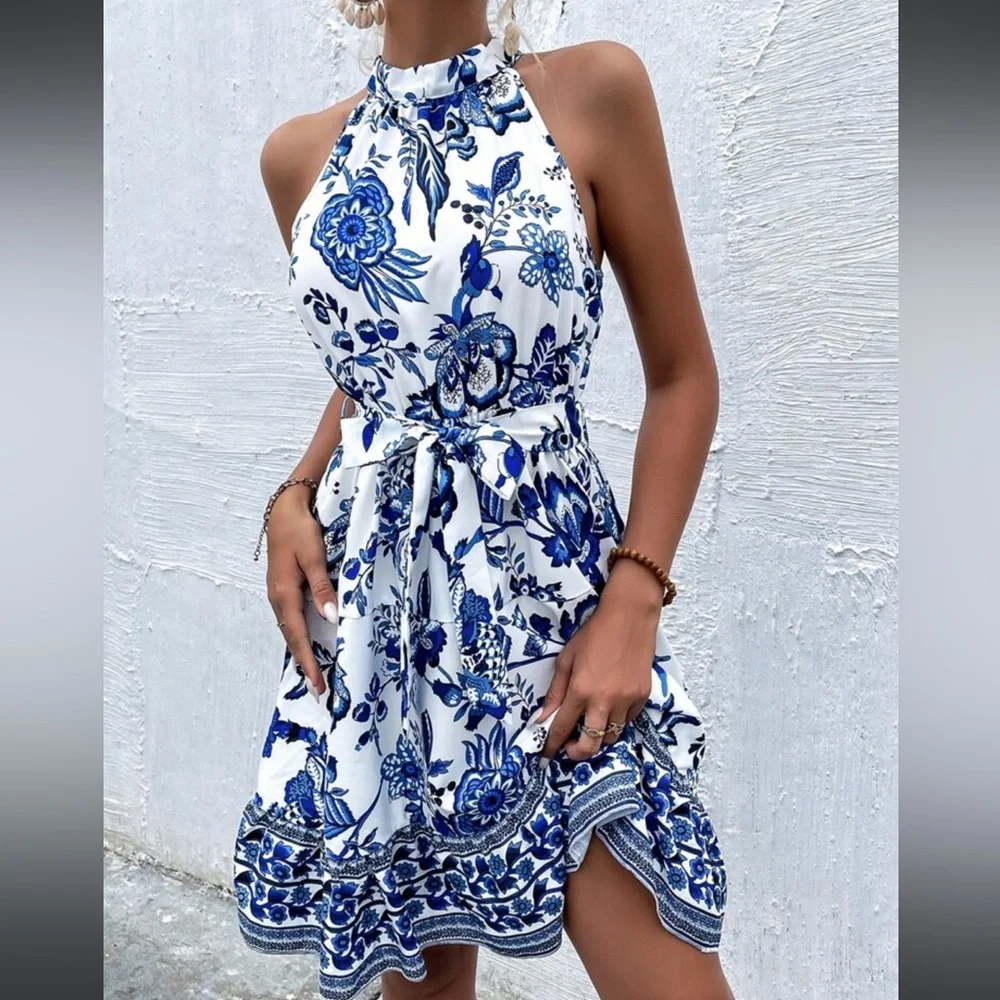Boho Floral Paisley Print Belted Ruffle Hem Halter Dress WHITE BLUE - Picture 3 of 6